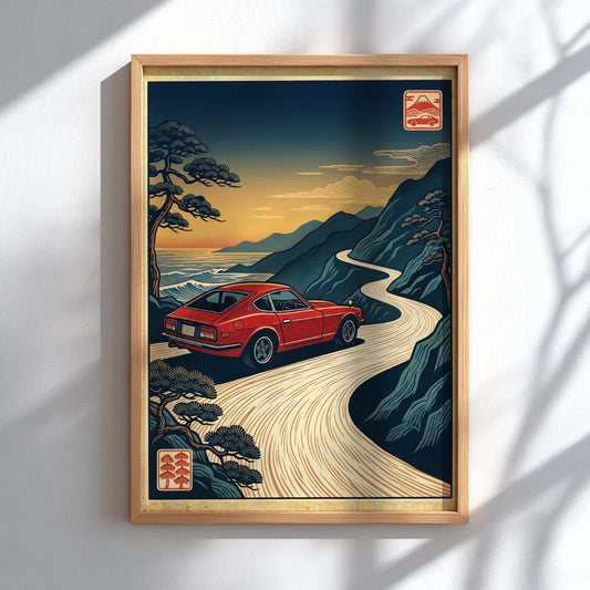 Japanese art style poster featuring a red car on a coastal road at sunset
