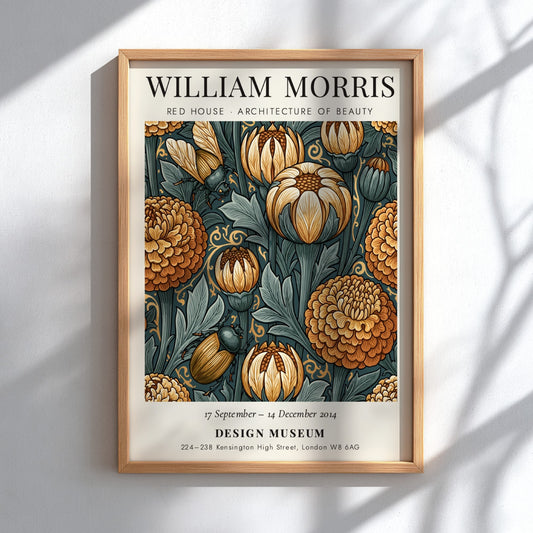 William Morris poster featuring intricate floral designs in warm colors, showcasing Red House Architecture of