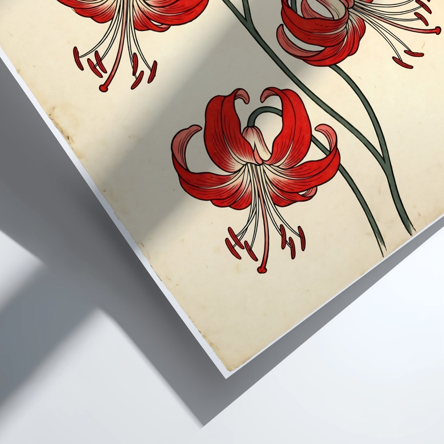 Japanese art style poster featuring red spider lilies with intricate details and vibrant colors