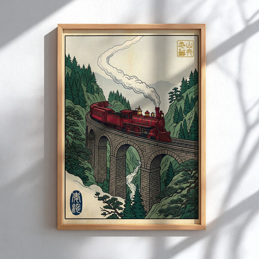 Red Train Viaduct poster featuring a vibrant red steam locomotive in Japanese art style