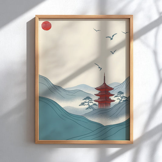 Poster featuring a traditional red pagoda nestled among misty blue hills with birds.