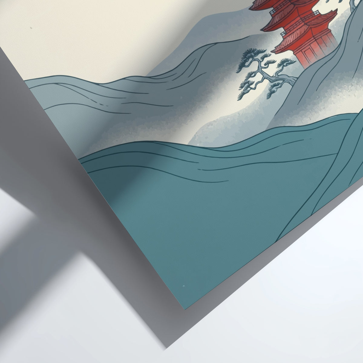 Poster featuring a traditional red pagoda nestled among misty blue hills with birds.