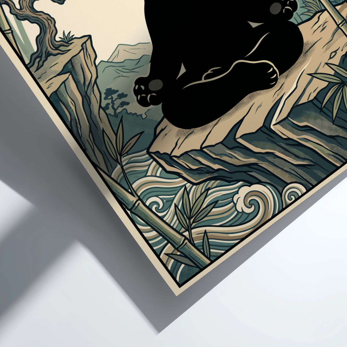 Poster featuring a zen red panda in a meditative lotus pose amidst bamboo