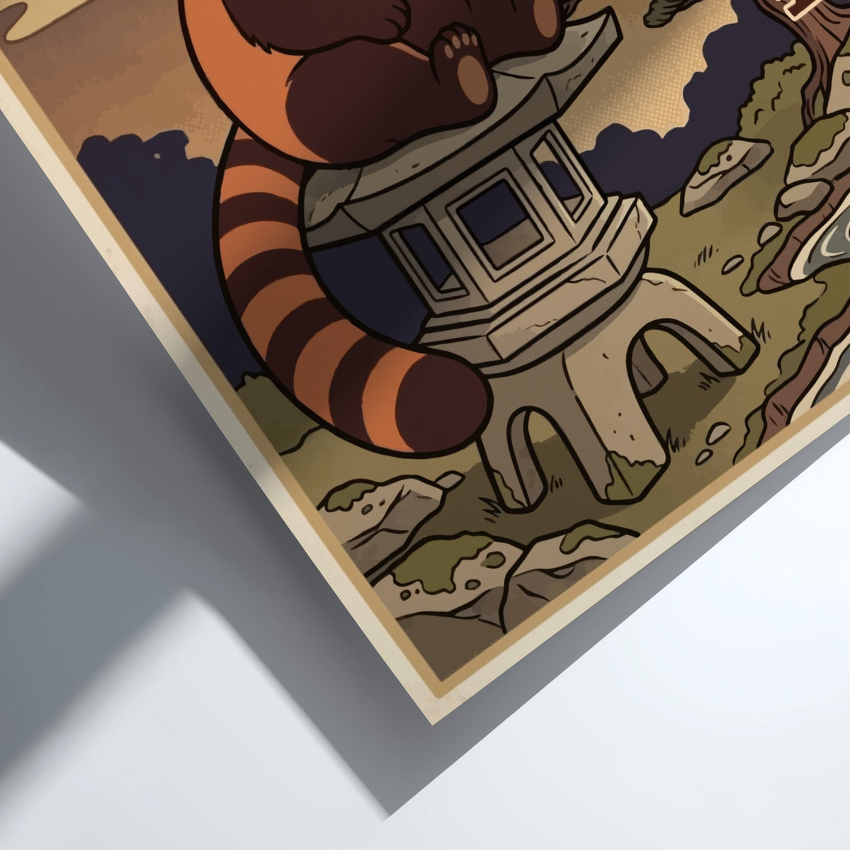 Poster featuring a red panda sitting on a stone lantern holding a teacup