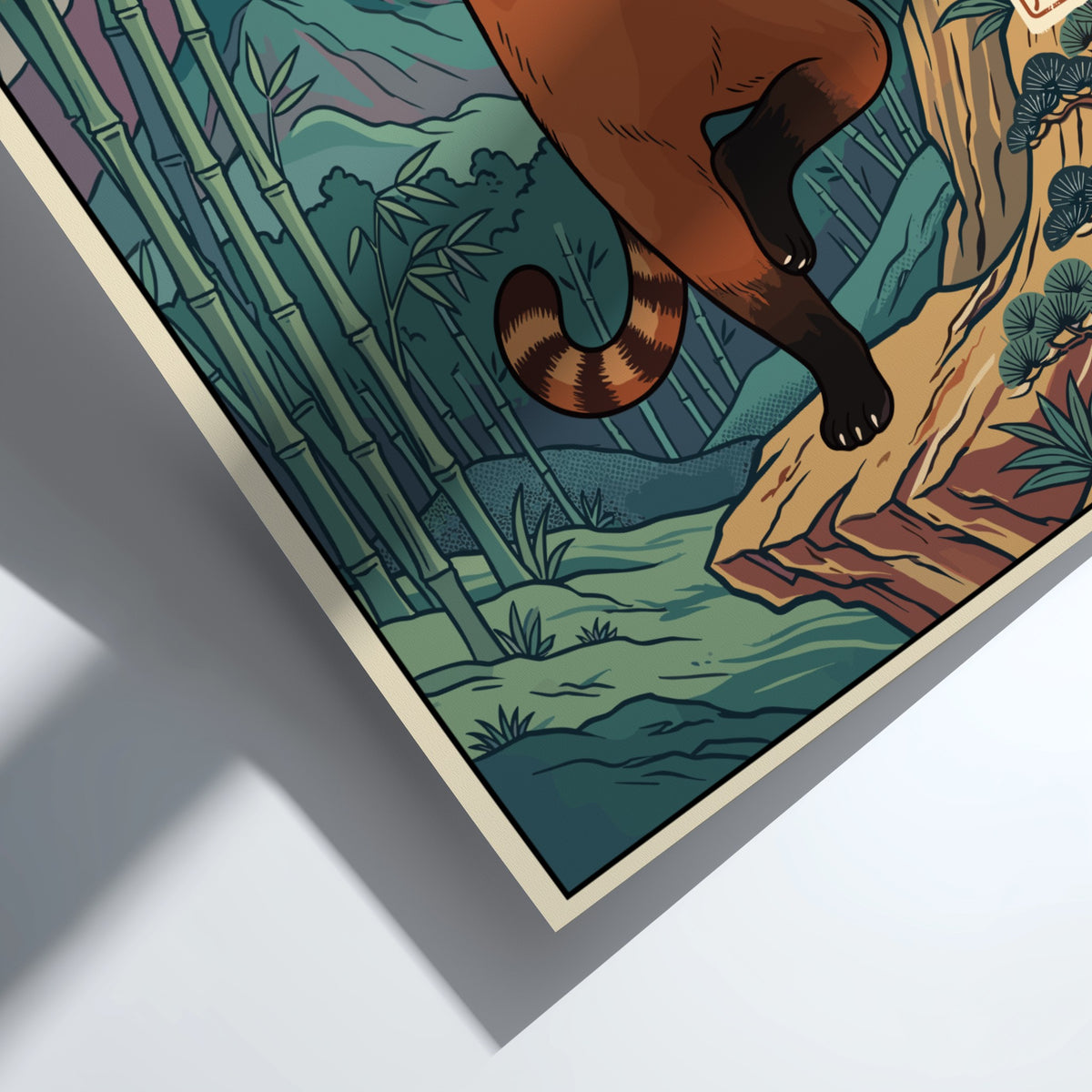 Poster of a red panda performing yoga tree pose in a bamboo forest