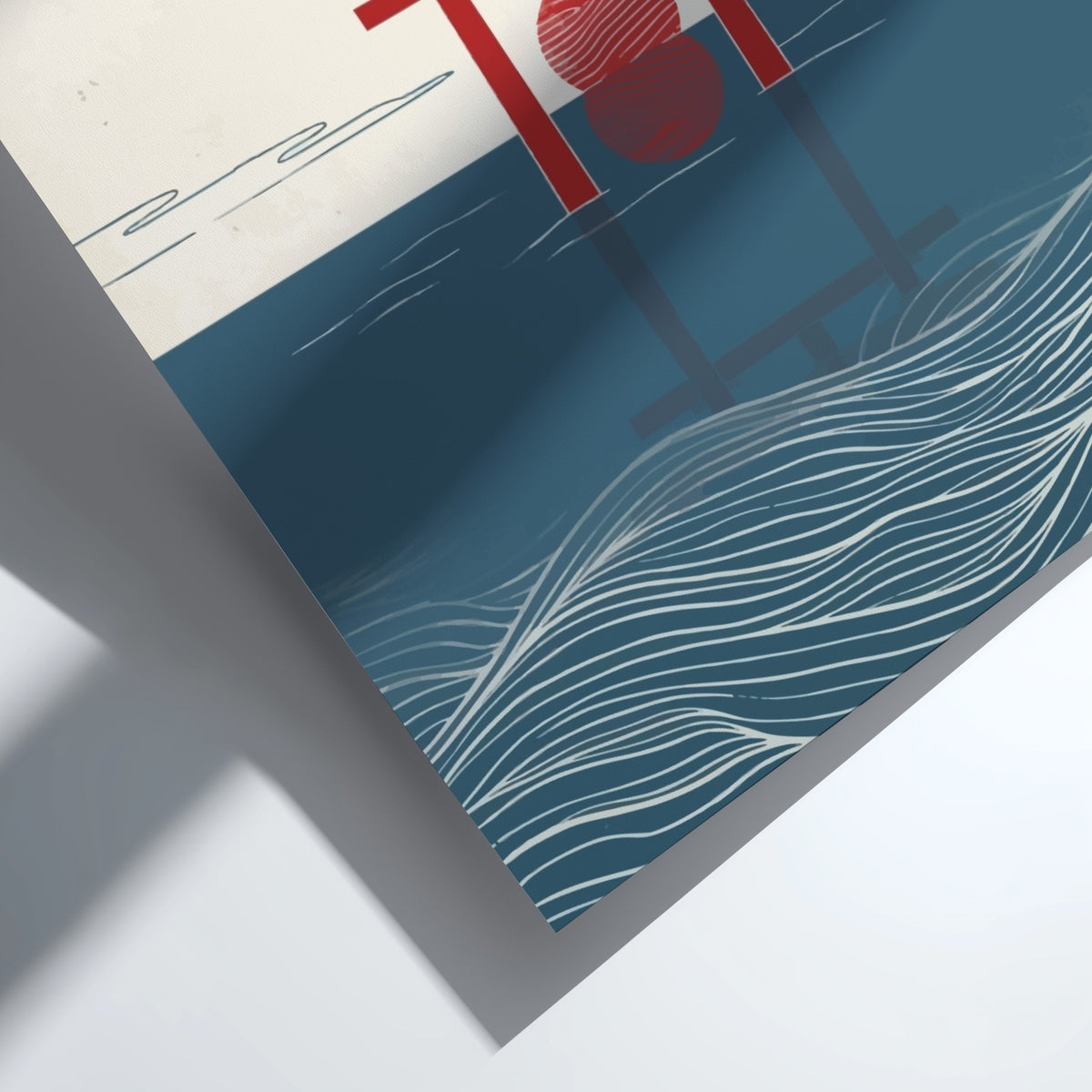 Poster featuring a red torii gate in blue water with a crimson sun
