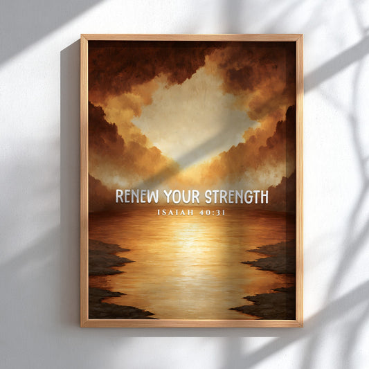 Renew Your Strength poster featuring a sunset with warm colors and inspirational text, perfect for wall decor.