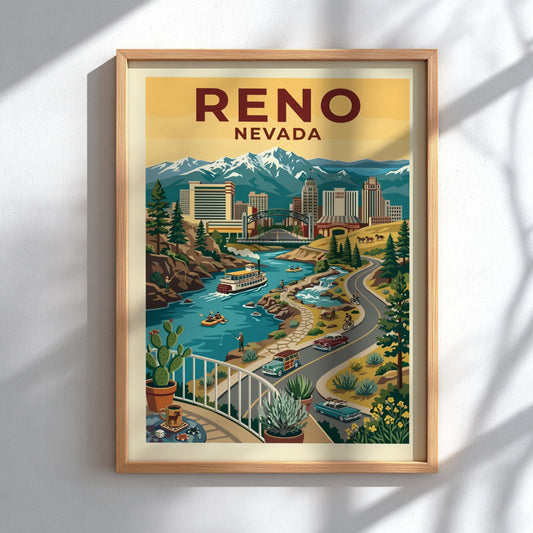 Retro Reno Nevada cityscape poster with mountains, river, and vintage cars. Warm color palette.