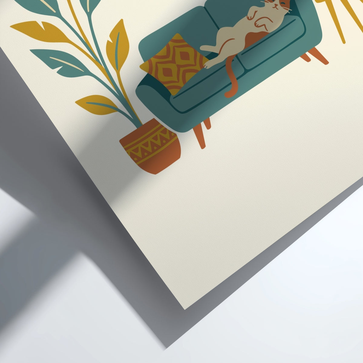Poster featuring a ginger cat lounging on a teal sofa with a potted plant.
