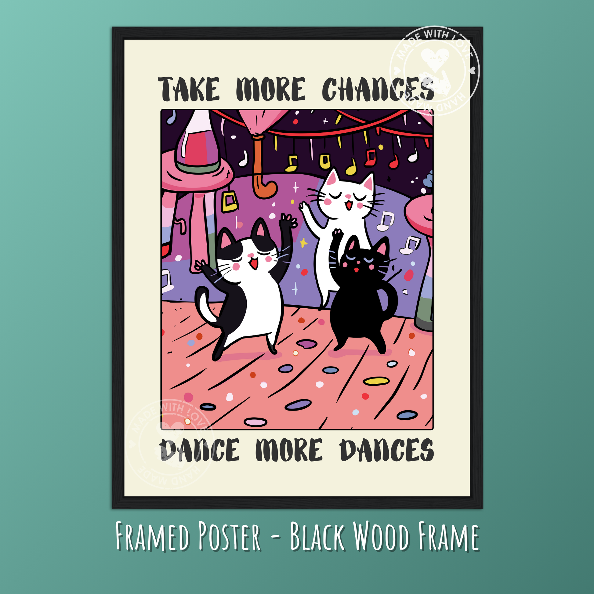 Retro Dancing Cats Wall Print, Vintage Cat Illustration, Trendy Posters, Cute Cats Prints, Positive Poster, Motivational wall art