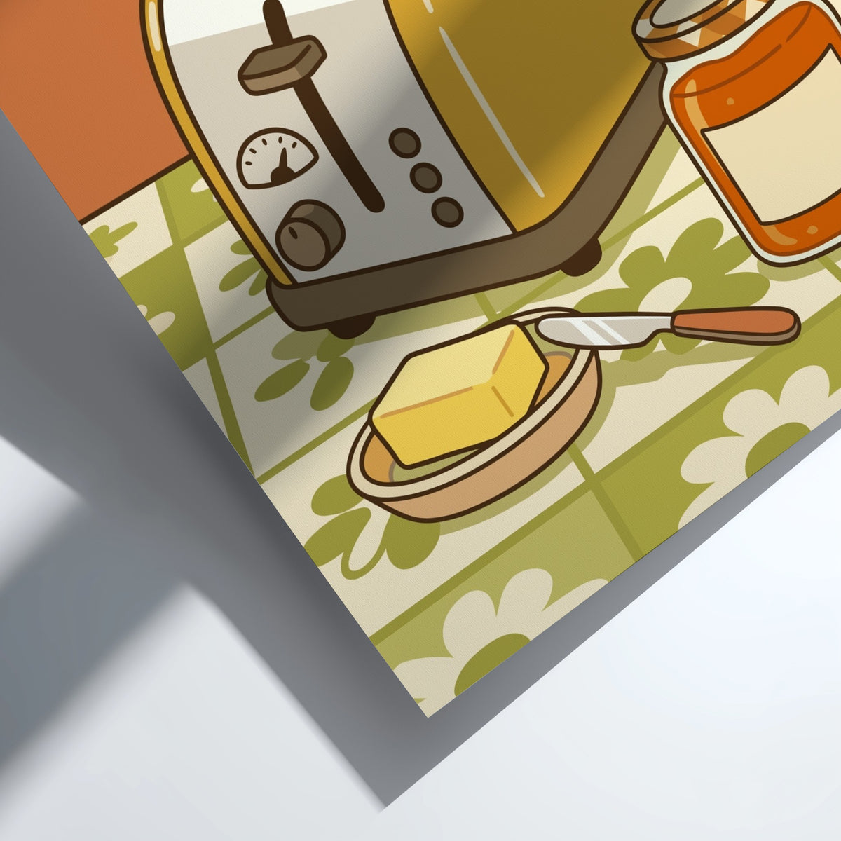 Poster featuring a retro yellow toaster with toast, butter, and jam on a floral tile background.