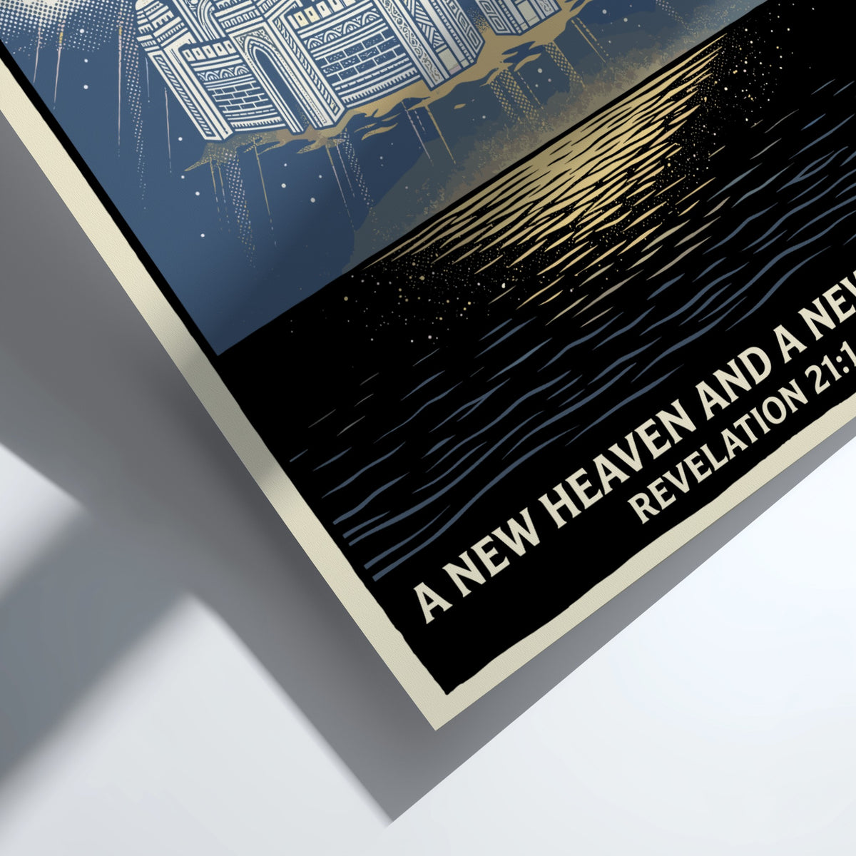 Poster featuring a celestial city descending from clouds above dark water with golden light.