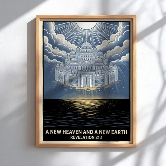 Poster featuring a celestial city descending from clouds above dark water with golden light.
