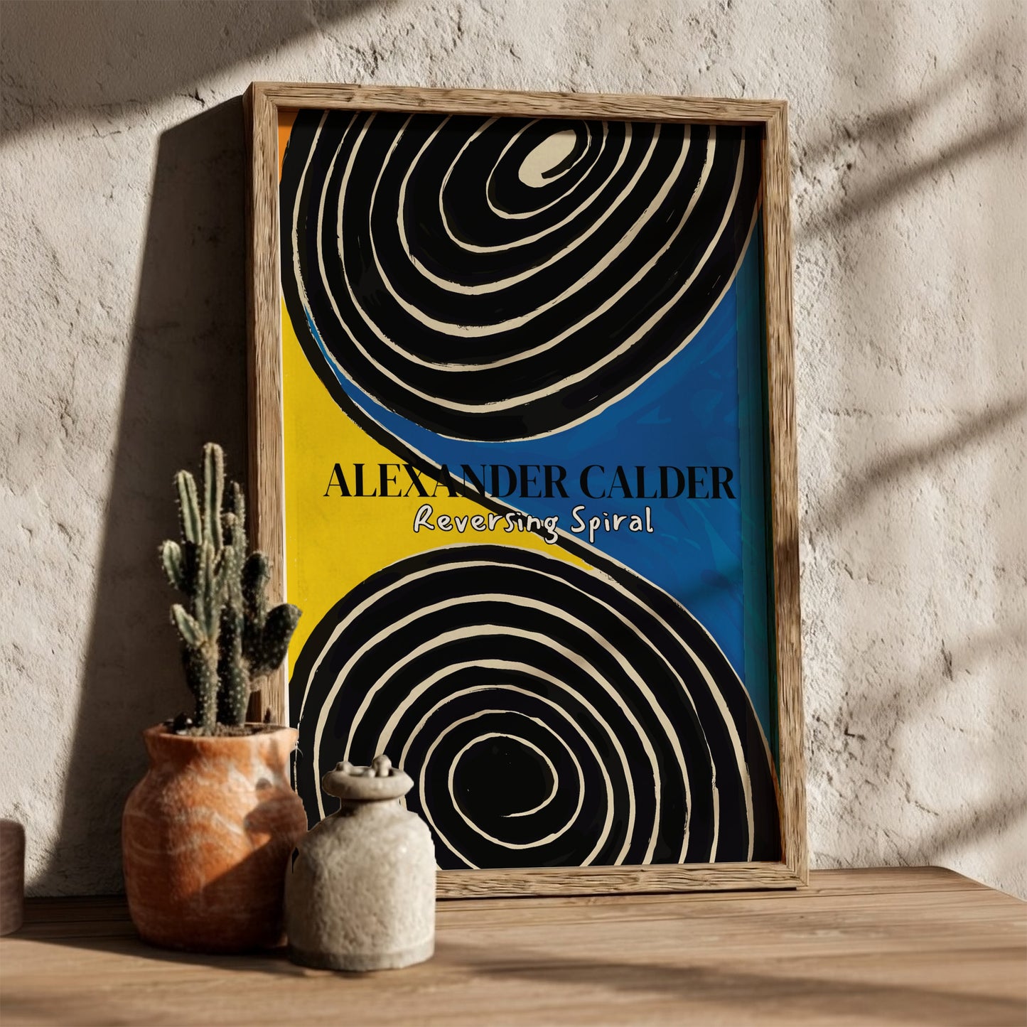 Poster of Alexander Calder's "Reversing Spiral" featuring black and white spirals on a yellow and blue