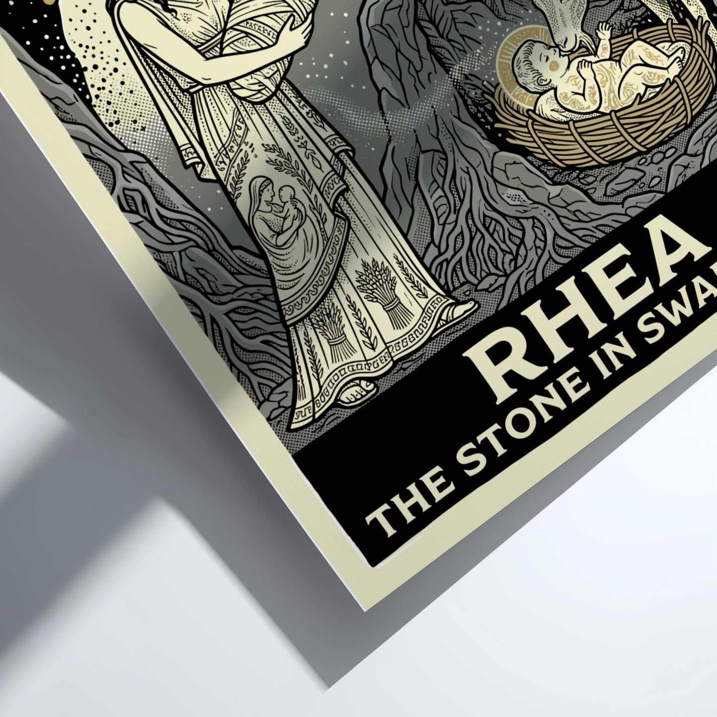 Rhea Greek Mythology poster featuring the Titaness holding a swaddled stone, with Cronus and warriors in a