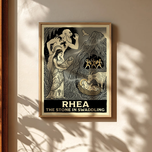 Rhea Greek Mythology poster featuring the Titaness holding a swaddled stone, with Cronus and warriors in a