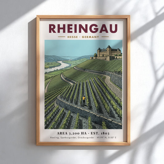 Poster featuring the Rheingau wine region with green vineyards and a historic castle.