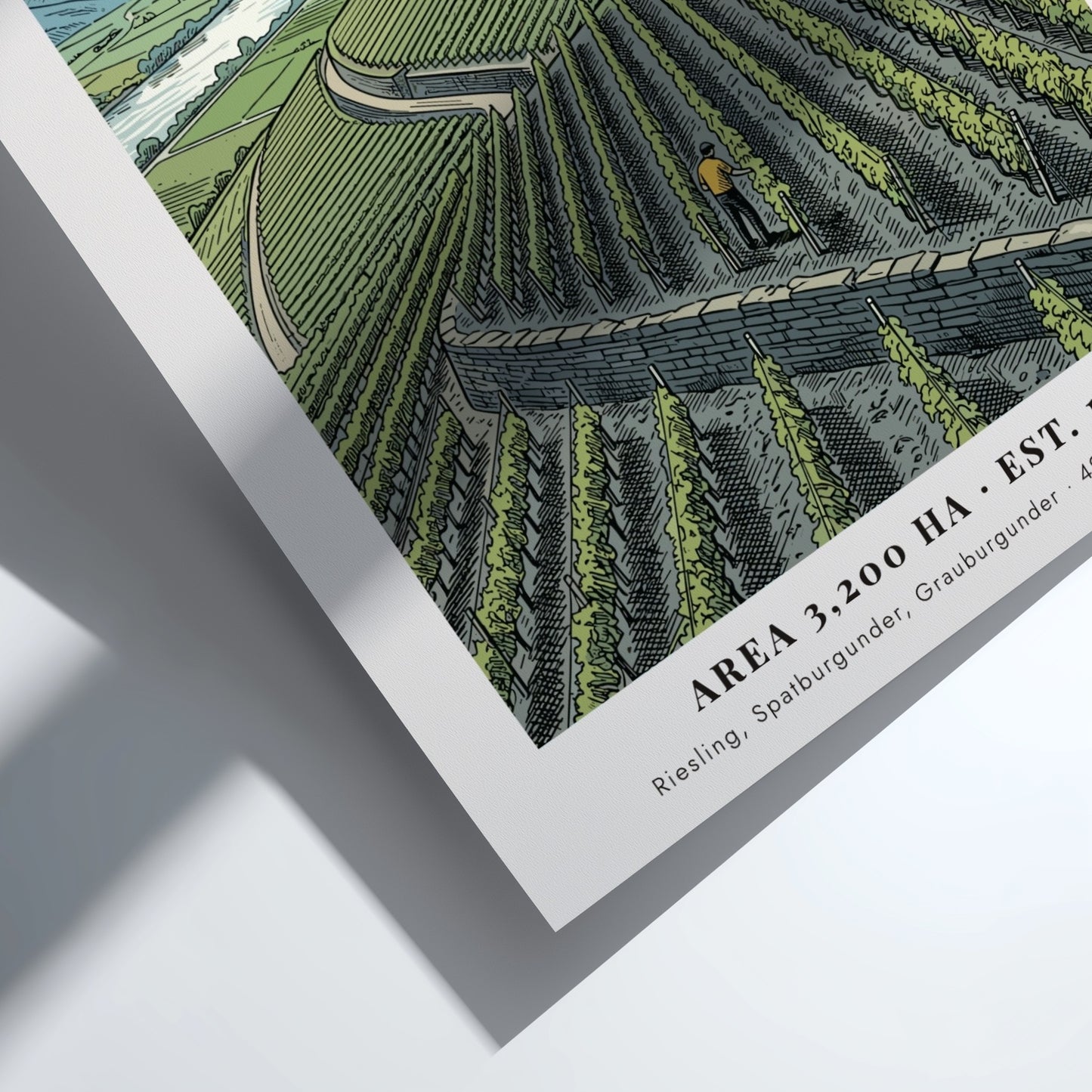 Poster featuring the Rheingau wine region with green vineyards and a historic castle.