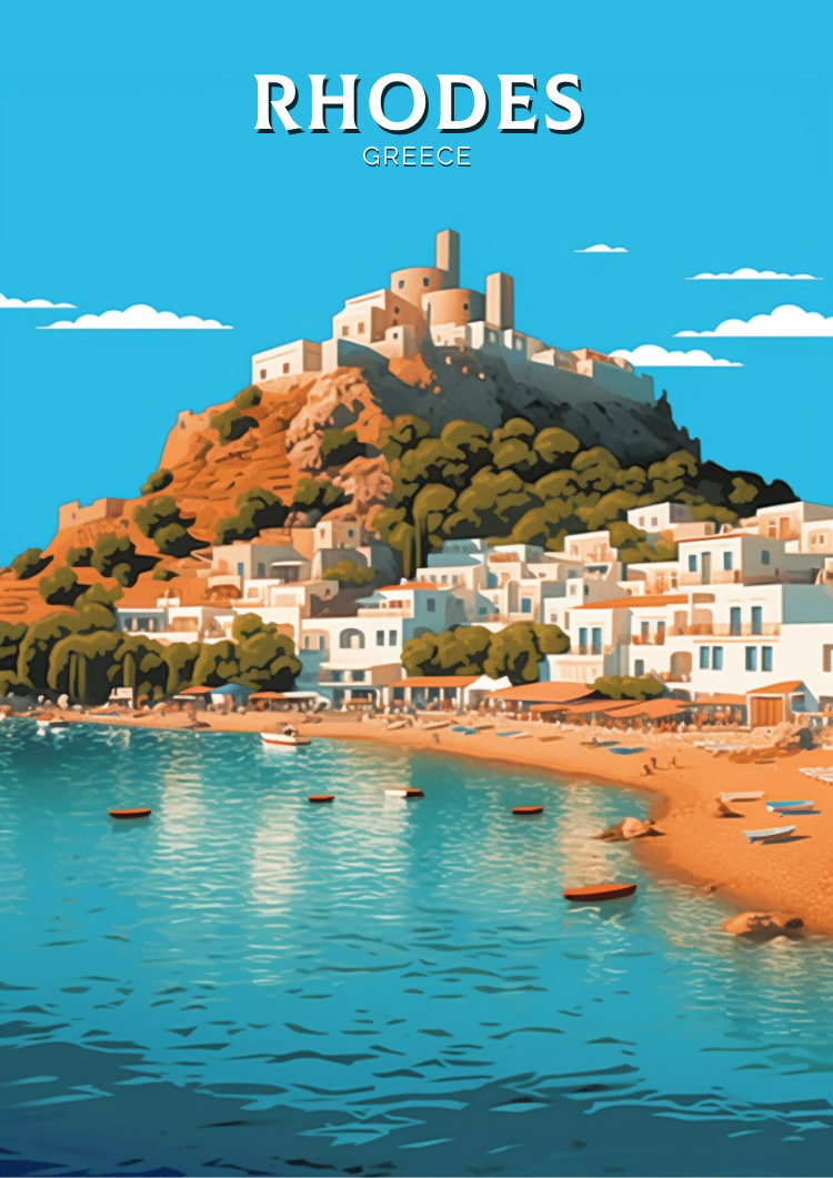 Affiche de voyage de l'île de Rhodes - Illustration grecque