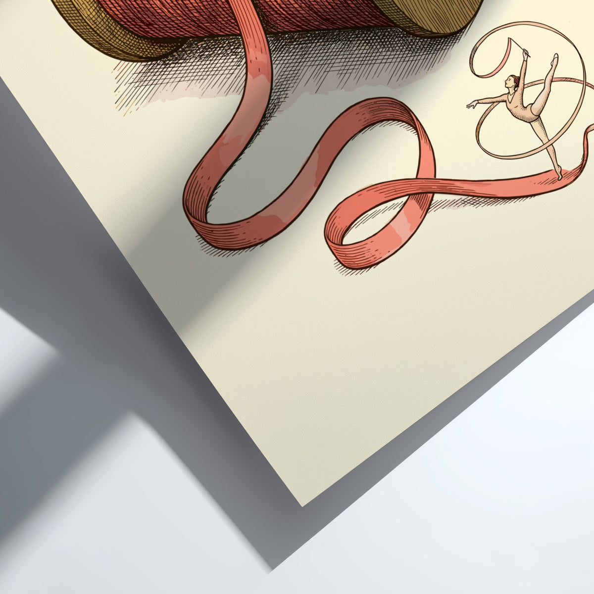 Poster featuring a rhythmic gymnast dancing on a long ribbon from a spool.