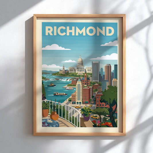 Richmond cityscape poster with skyline, river, and buildings in a colorful, graphic illustration style.