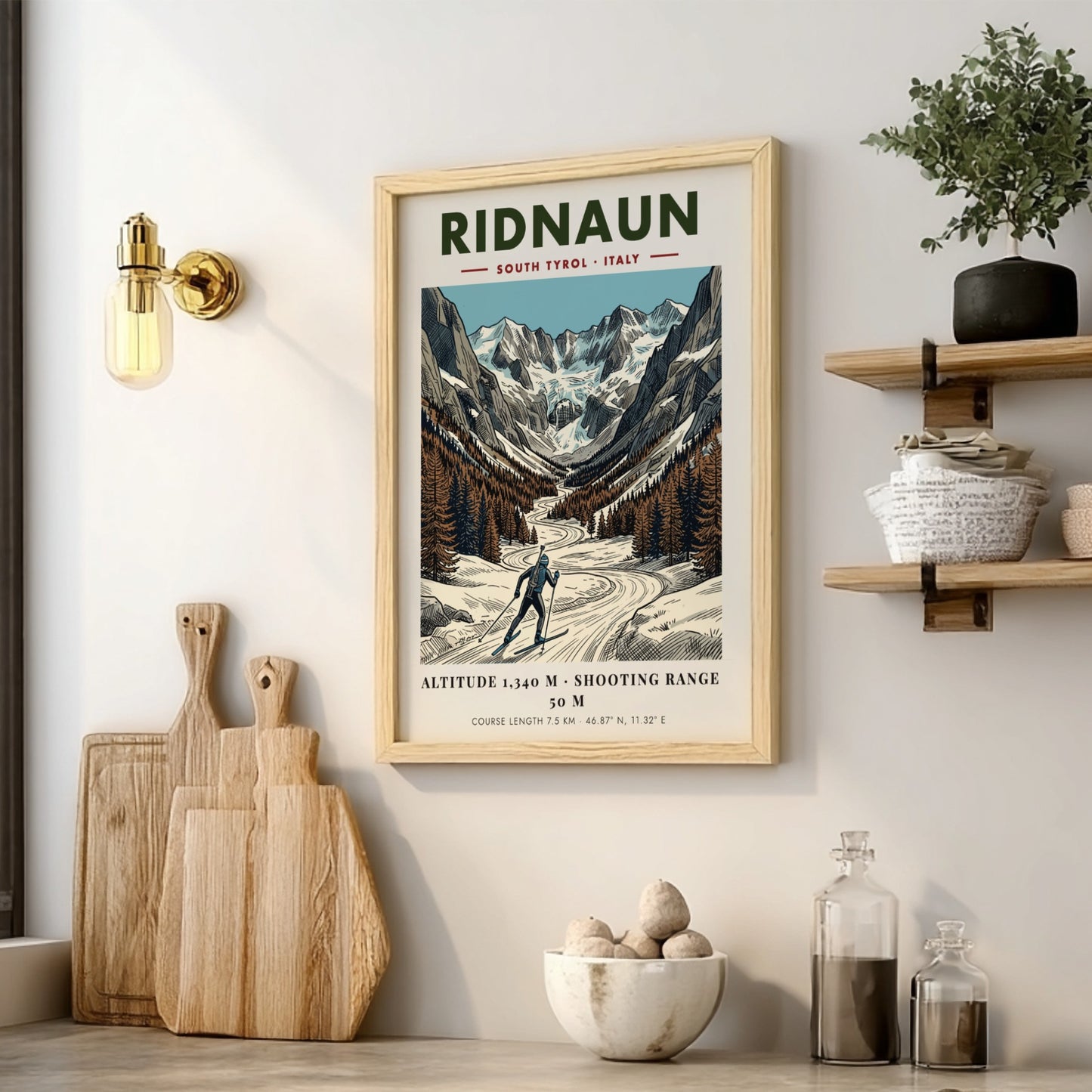 Poster featuring a skier in the Ridnaun valley with snowy mountains and pines.