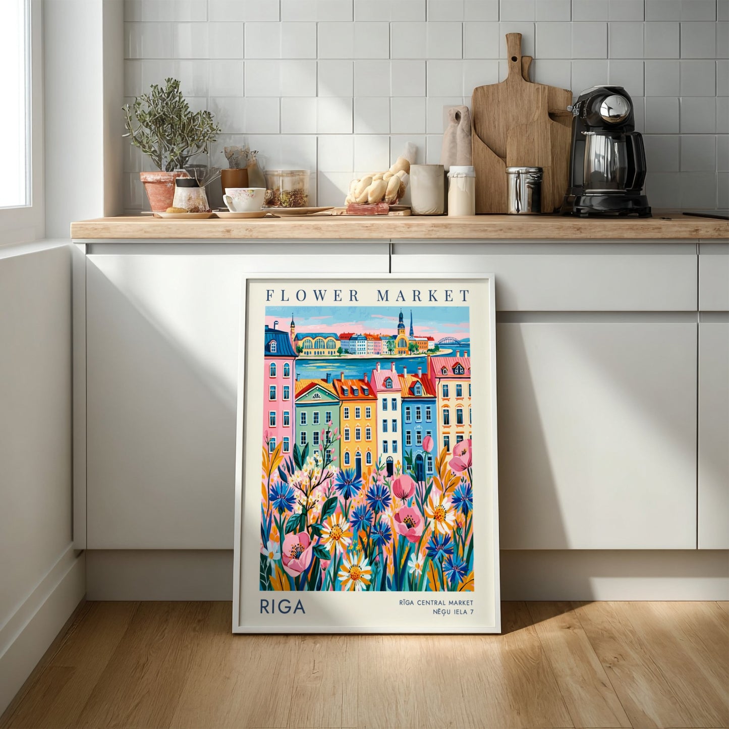 Flower market poster featuring vibrant cityscape with colorful buildings and blooming flowers