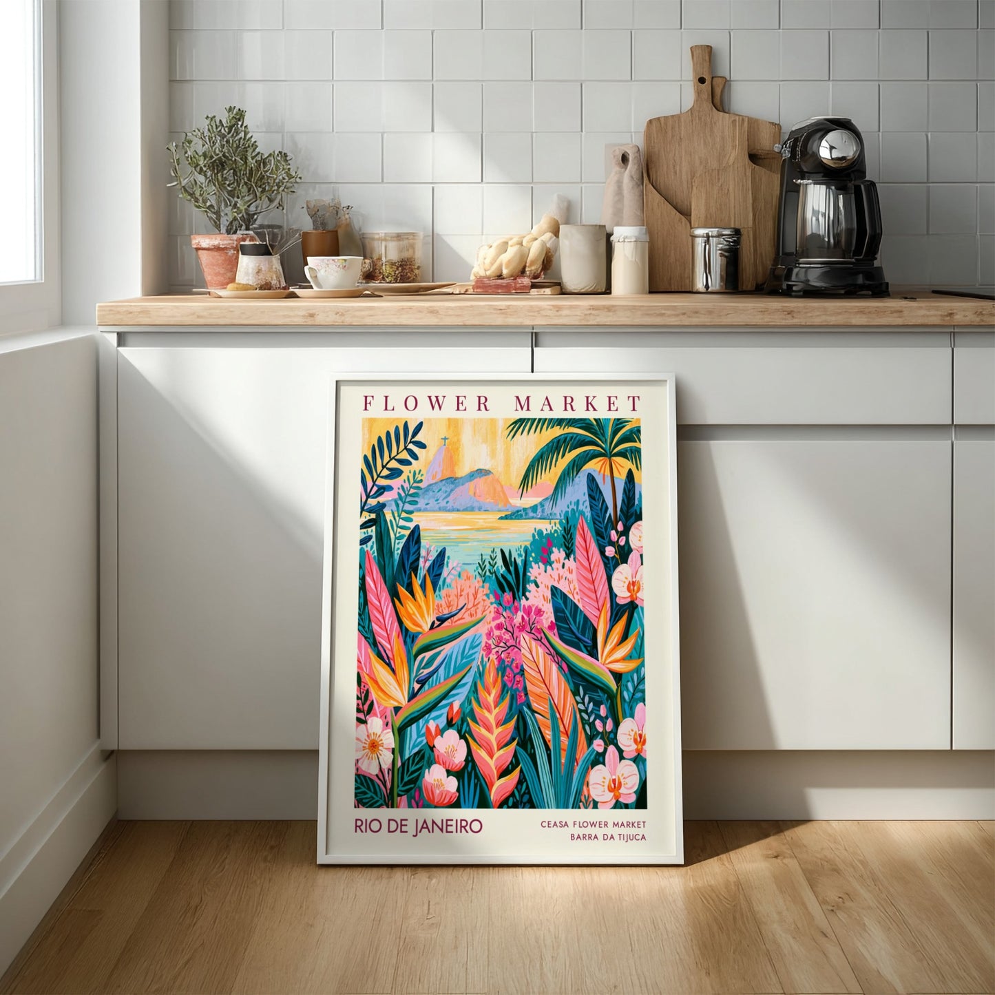 Flower market poster featuring tropical colors and lush foliage in a vibrant city setting