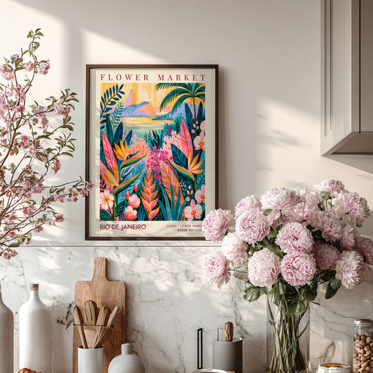 Flower market poster featuring tropical colors and lush foliage in a vibrant city setting