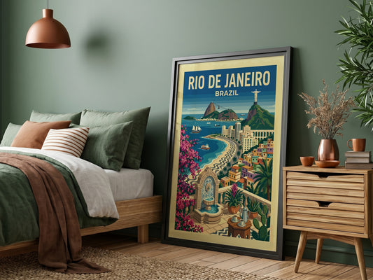 Vintage Rio de Janeiro travel poster featuring Christ the Redeemer and Copacabana beach.