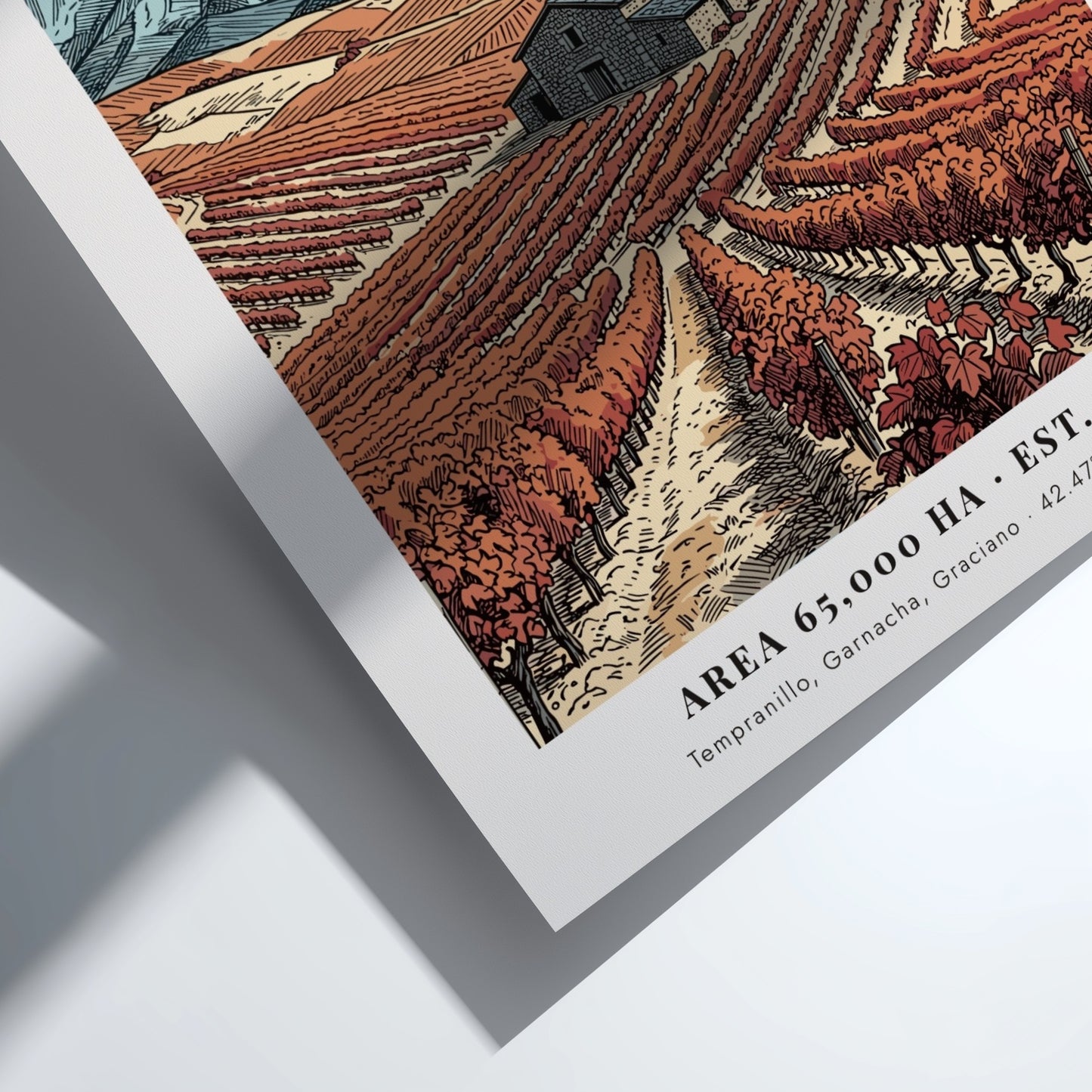 Rioja wine region poster featuring vineyards, a stone farmhouse, and rugged mountain peaks.