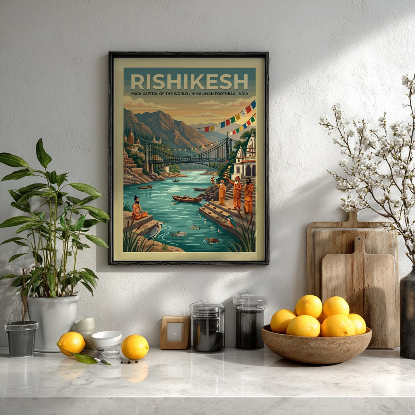 Vintage Rishikesh travel poster featuring the suspension bridge over the Ganges with monks