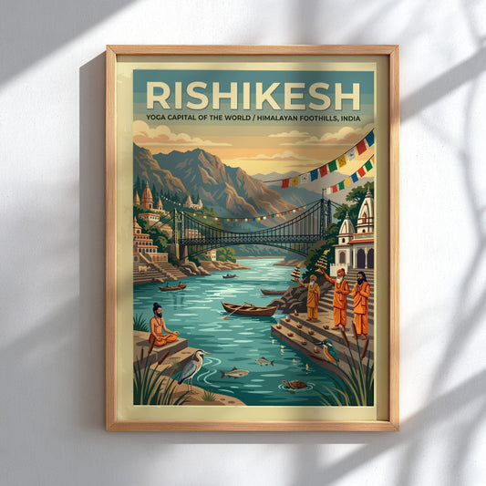 Vintage Rishikesh travel poster featuring the suspension bridge over the Ganges with monks