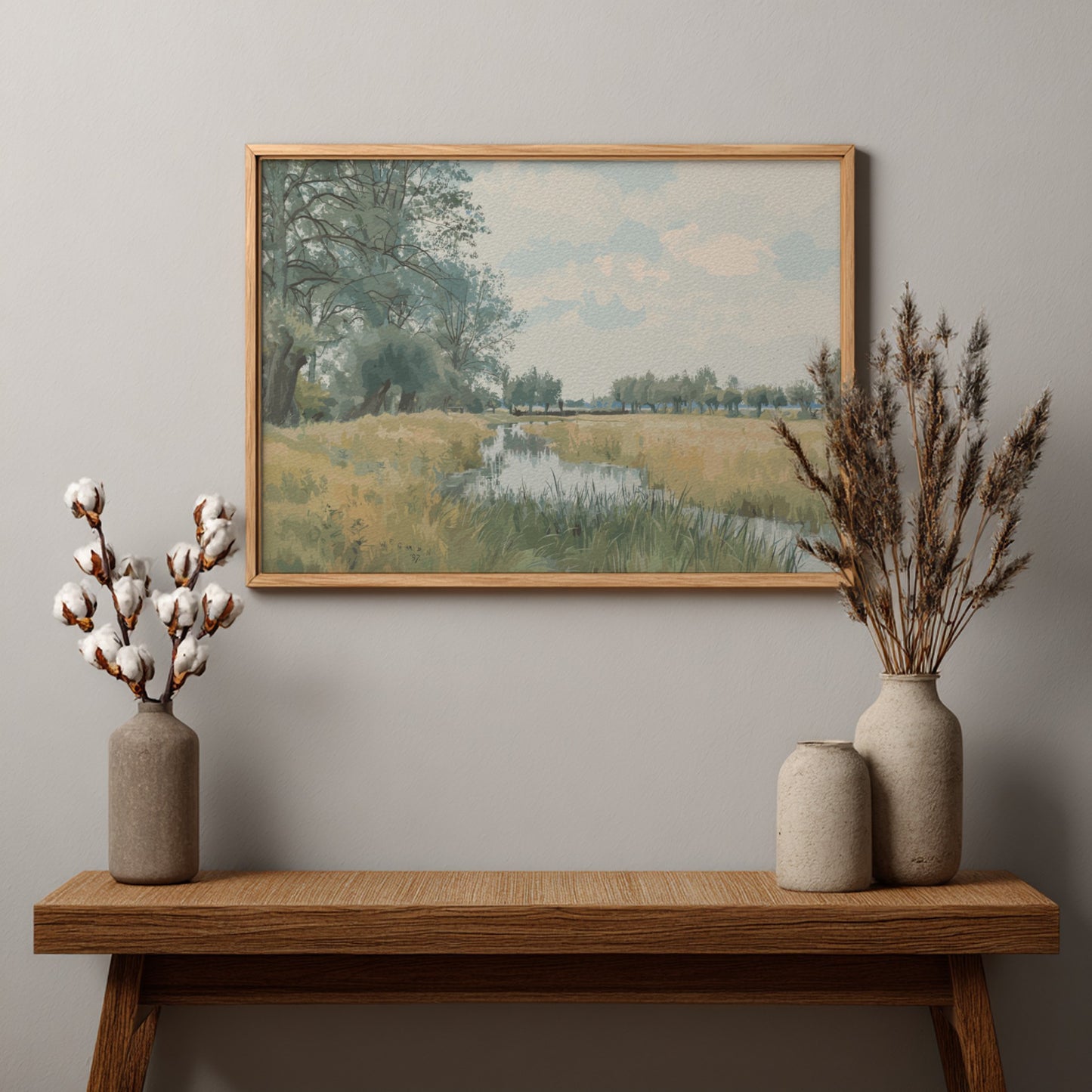 Framed "River Landscape near St. Ives, Huntingdonshire" painting by William Fraser Garden, featuring a calm