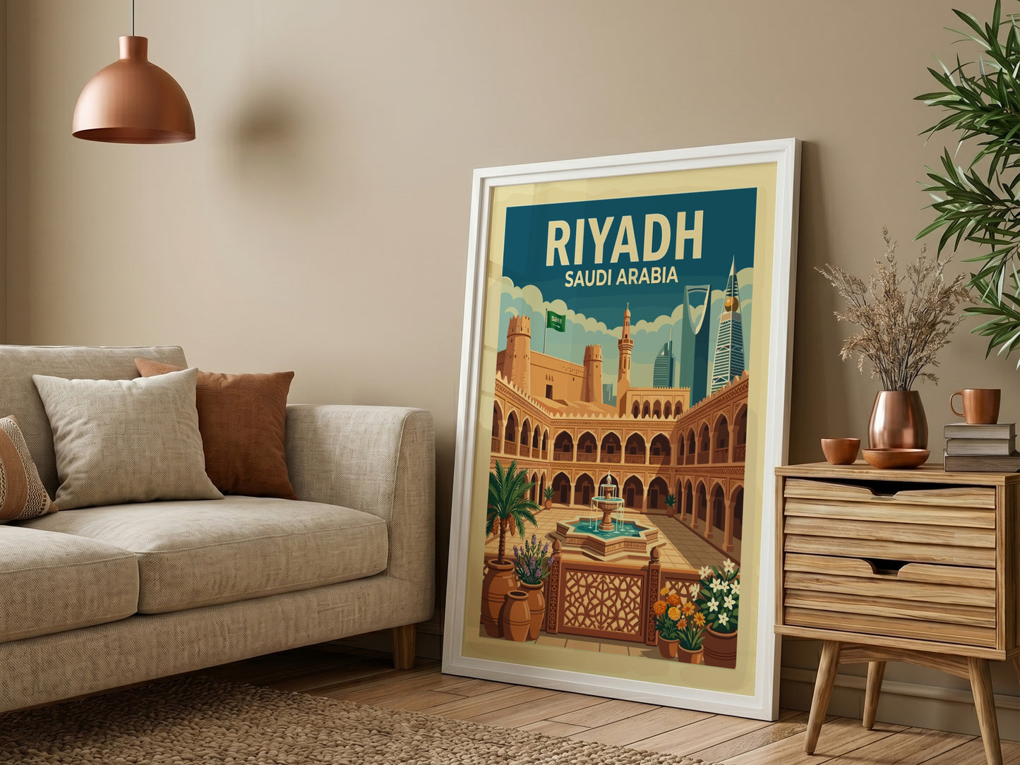 Riyadh, Saudi Arabia vintage travel poster featuring a historic courtyard and modern skyline, in warm earthy