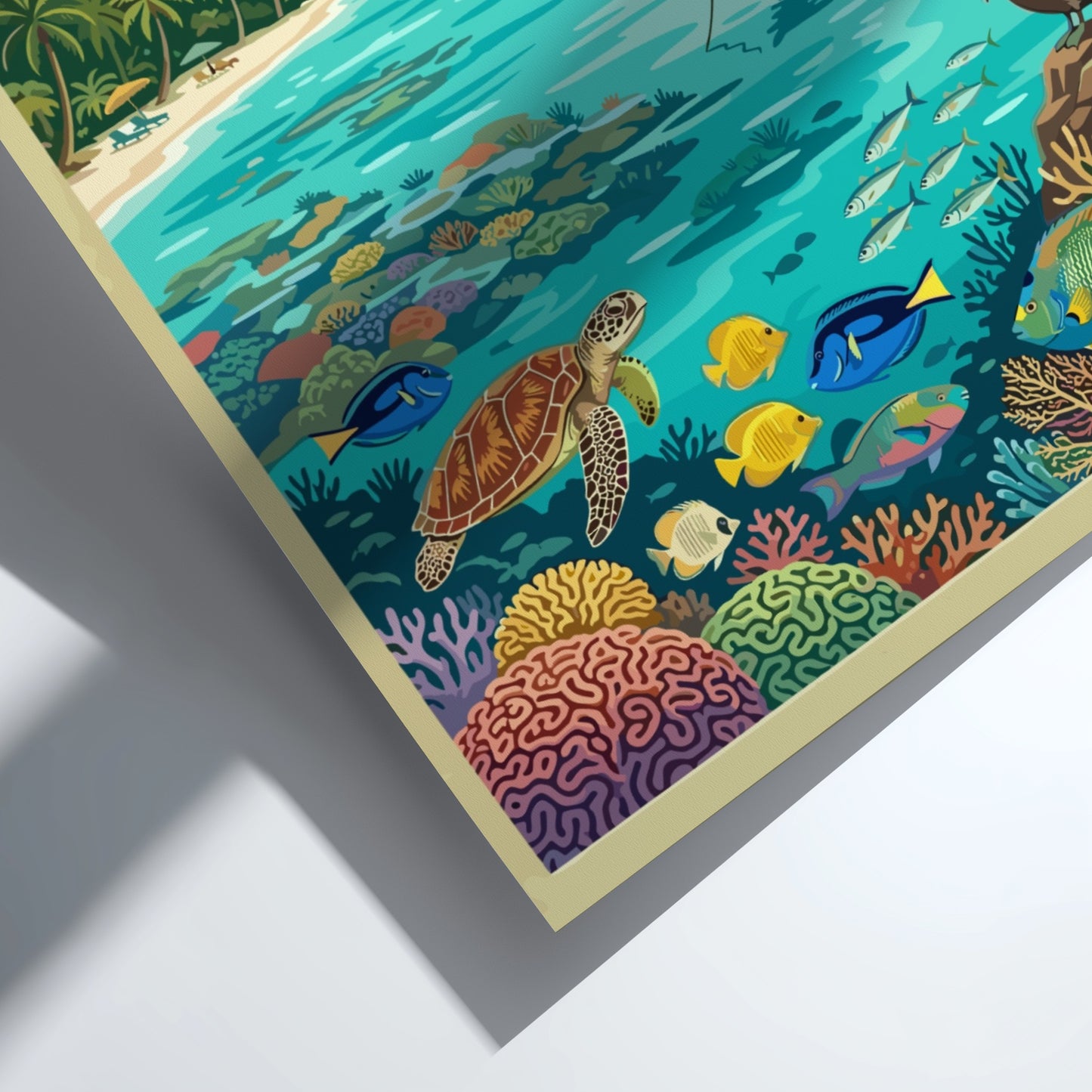 Travel poster of Roatan Honduras showing a tropical beach with sea turtles and coral.