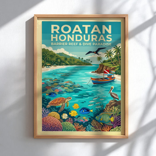 Travel poster of Roatan Honduras showing a tropical beach with sea turtles and coral.