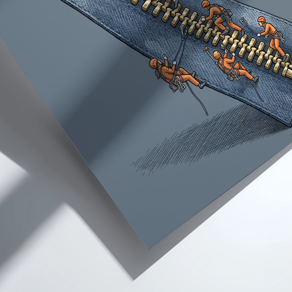 Poster featuring tiny rock climbers in orange gear scaling a giant metal clothing zipper.