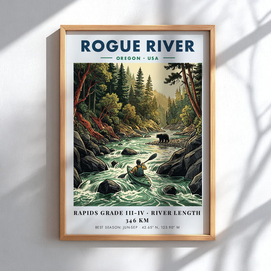 Poster featuring a kayaker on the Rogue River in Oregon with a bear nearby.