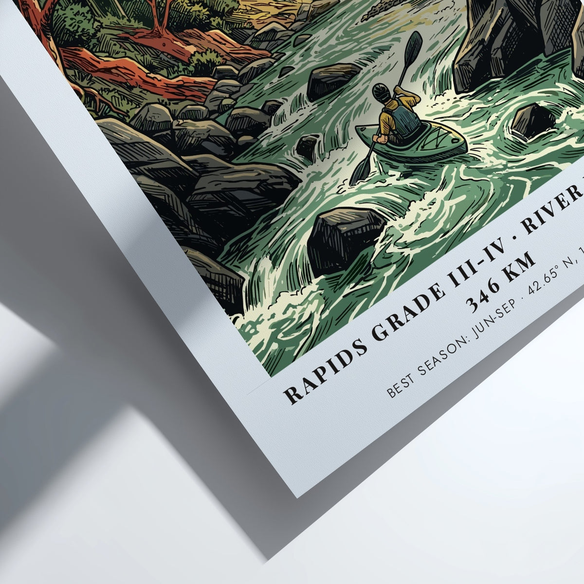 Poster featuring a kayaker on the Rogue River in Oregon with a bear nearby.