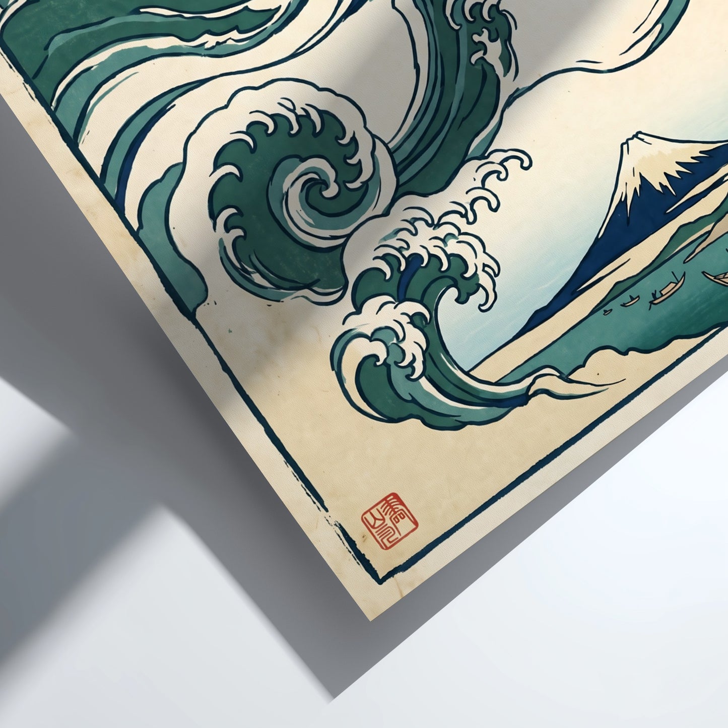 Japanese art style poster featuring rolling waves and Mount Fuji in green and blue tones