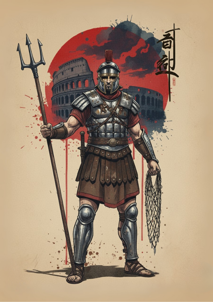 Illustration of a Roman soldier in armor holding a trident with the Colosseum in the background.