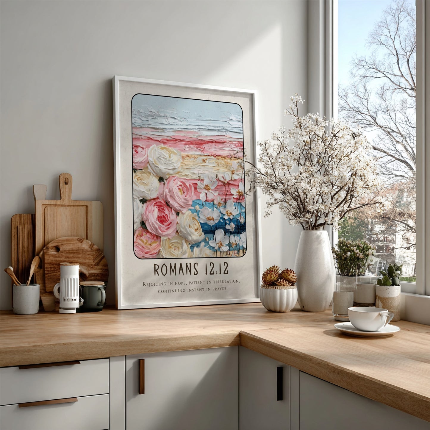 Romans 12:12 poster featuring floral elements and soft colors, inspirational religious art for home decor