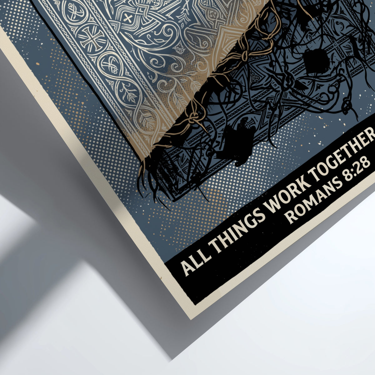 Poster displaying intricate blue patterns unravelling into thorns with the text Romans 8:28