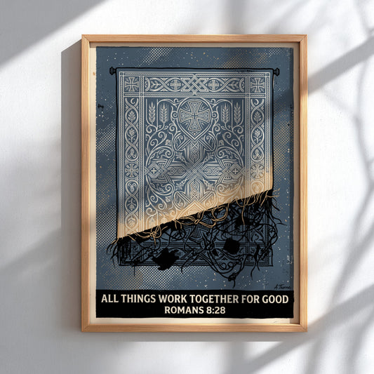 Poster displaying intricate blue patterns unravelling into thorns with the text Romans 8:28