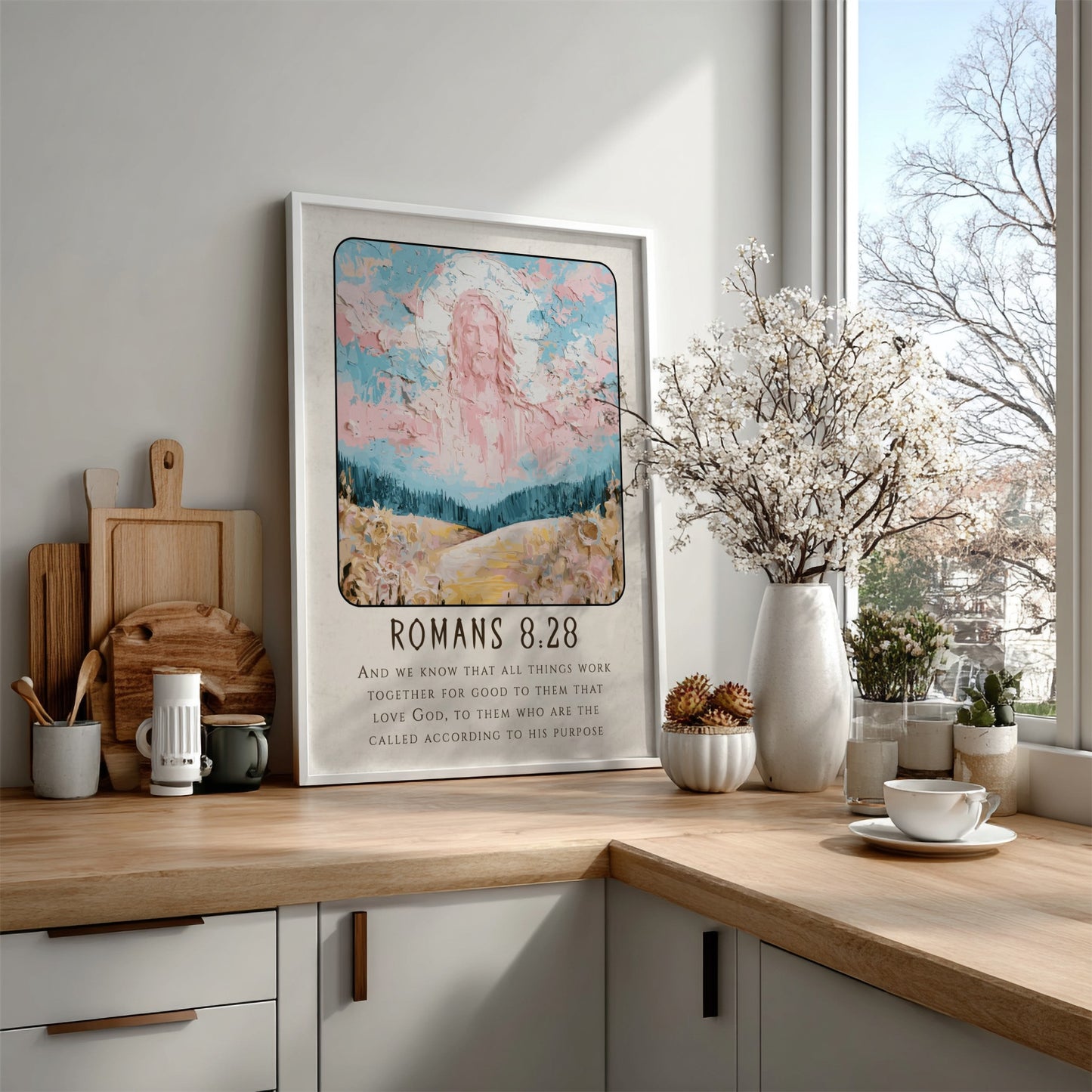 Romans 8:28 poster featuring a divine figure in soft pastels, inspirational Christian wall art