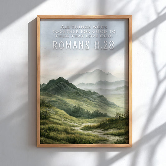 Poster featuring rolling hills and mountains with the text Romans 8:28 above them