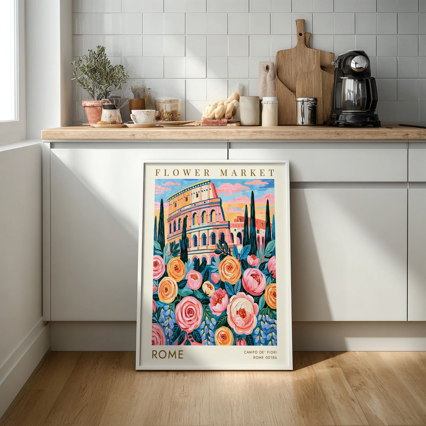 Flower market poster showcasing vibrant colors and the Colosseum in Rome