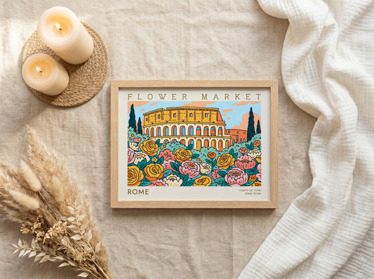 Flower market poster featuring colorful blooms and a scenic view of Rome