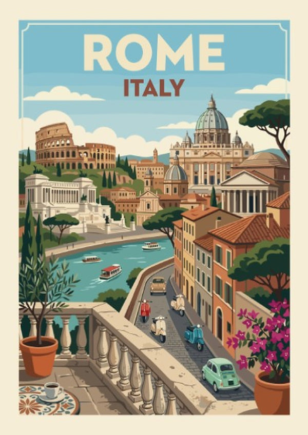 Rome Travel Poster - Italy Wall Art, Vintage Print, Cityscape Decor